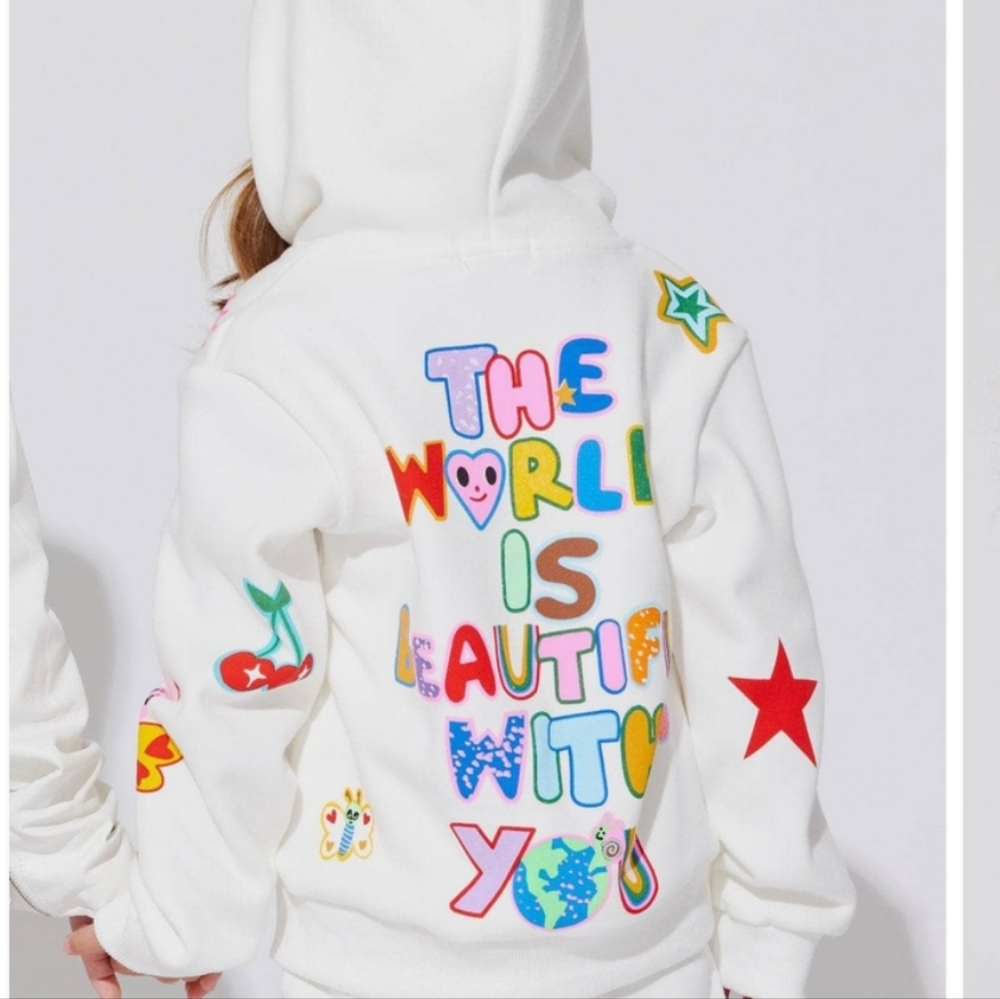 Lola + The Boys White Hoodie with Multicolor Graphic Letters & Stars